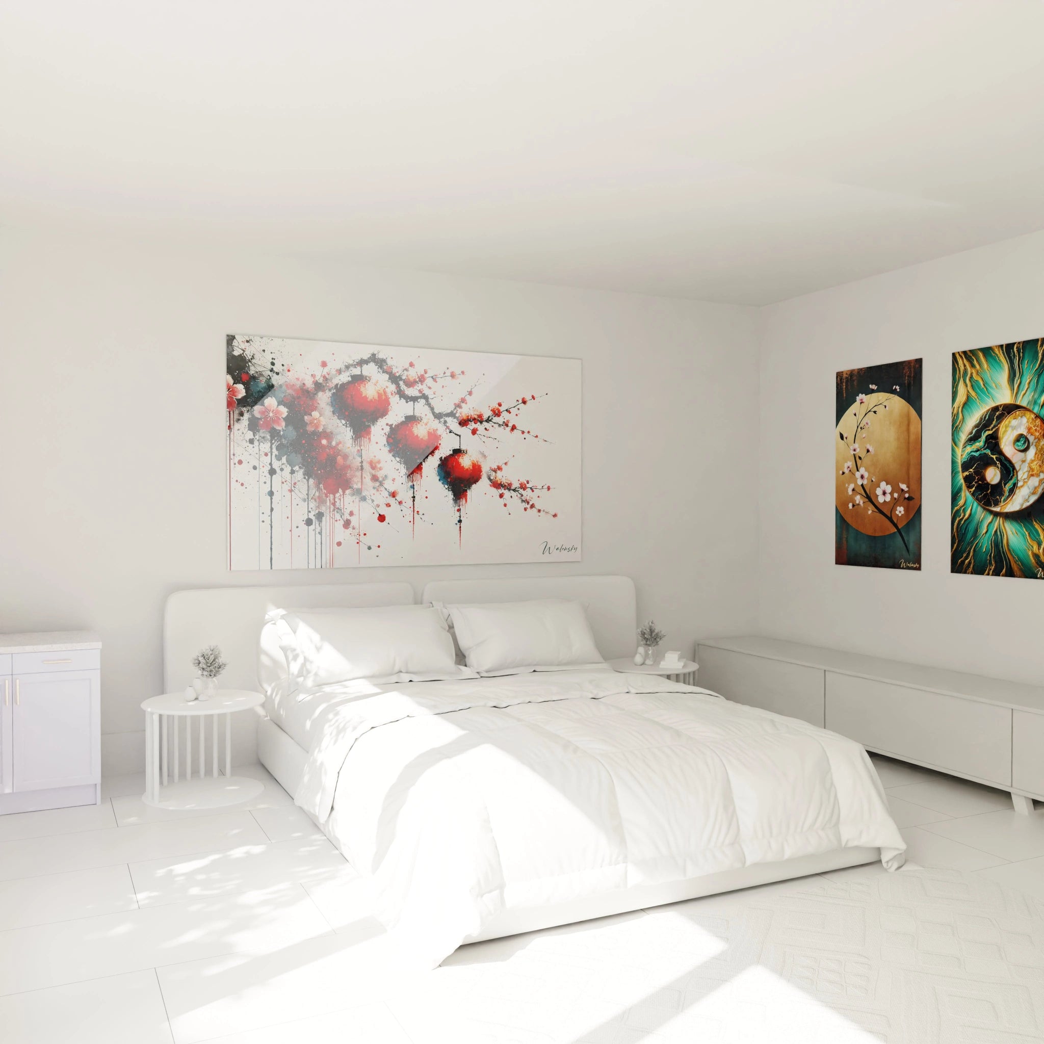 Tableau en verre acrylique zen et méditation, accroché au-dessus d'un lit dans une chambre paisible, créant une ambiance de sérénité et de détente."