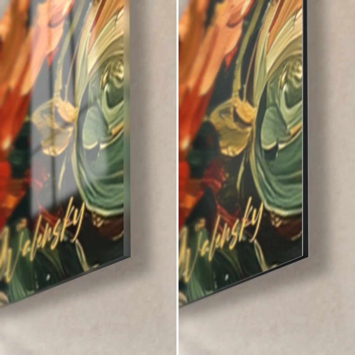 Wall art green spiral and orange petal, bottom right corner: glossy glass on the left, matte Dibond on the right, 3 mm edge