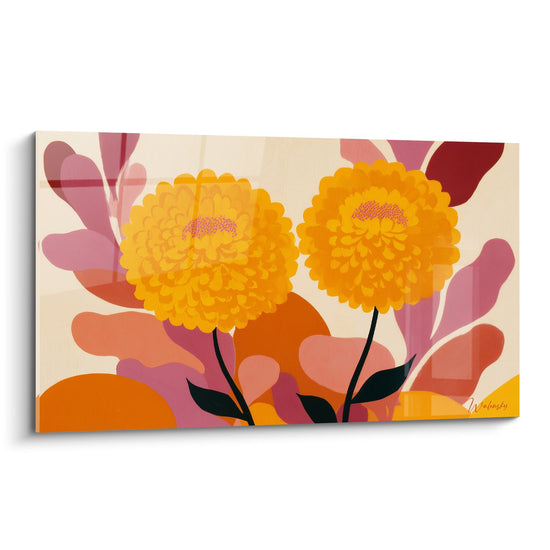 Tableau fleurs oranges dorées pompons sur fond beige rose avec tiges noires style contemporain feng shui sud ouest terre