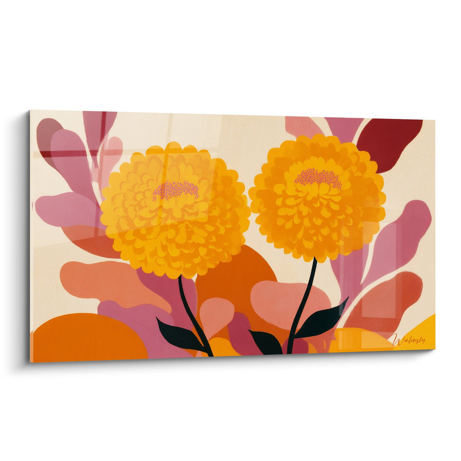 Tableau fleurs oranges dorées sur fond beige et rose - Éclat automnal - Edition Feng shui Sud-Ouest Terre