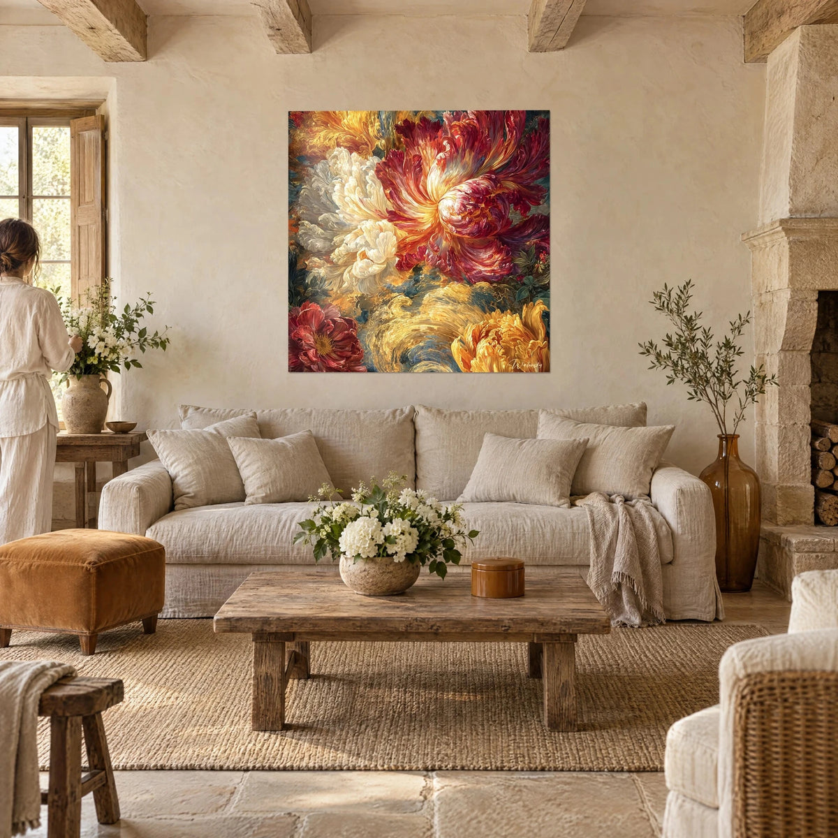 Tableau pivoine écarlate en spirale sur fond d'or, pétales ivoire à gauche, deux personnes de dos, au-dessus d'un canapé dans un salon lumineux
