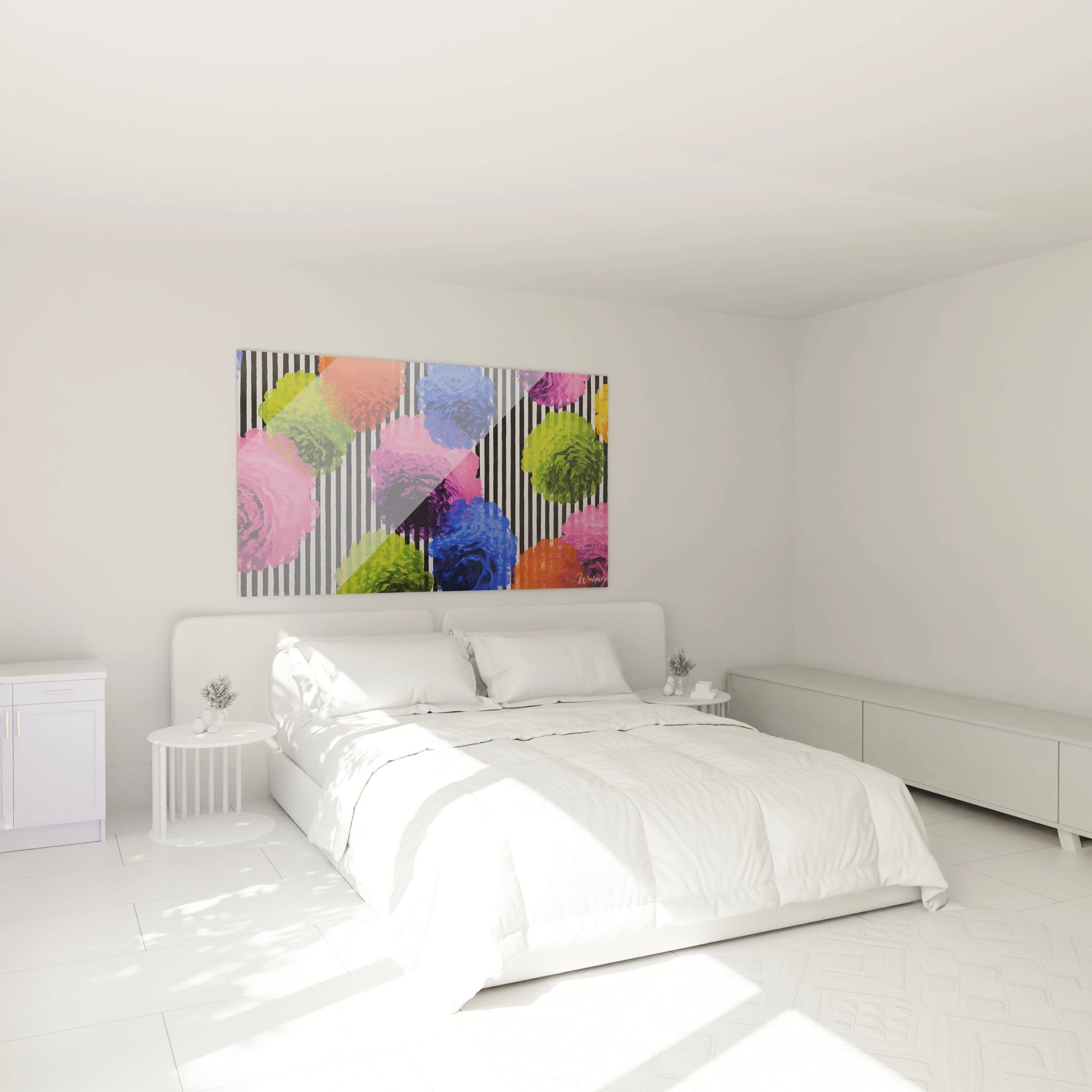 tableau op art fleurs Walensky coloré avec motifs floraux geométriques accroché au dessus du lit blanc minimaliste