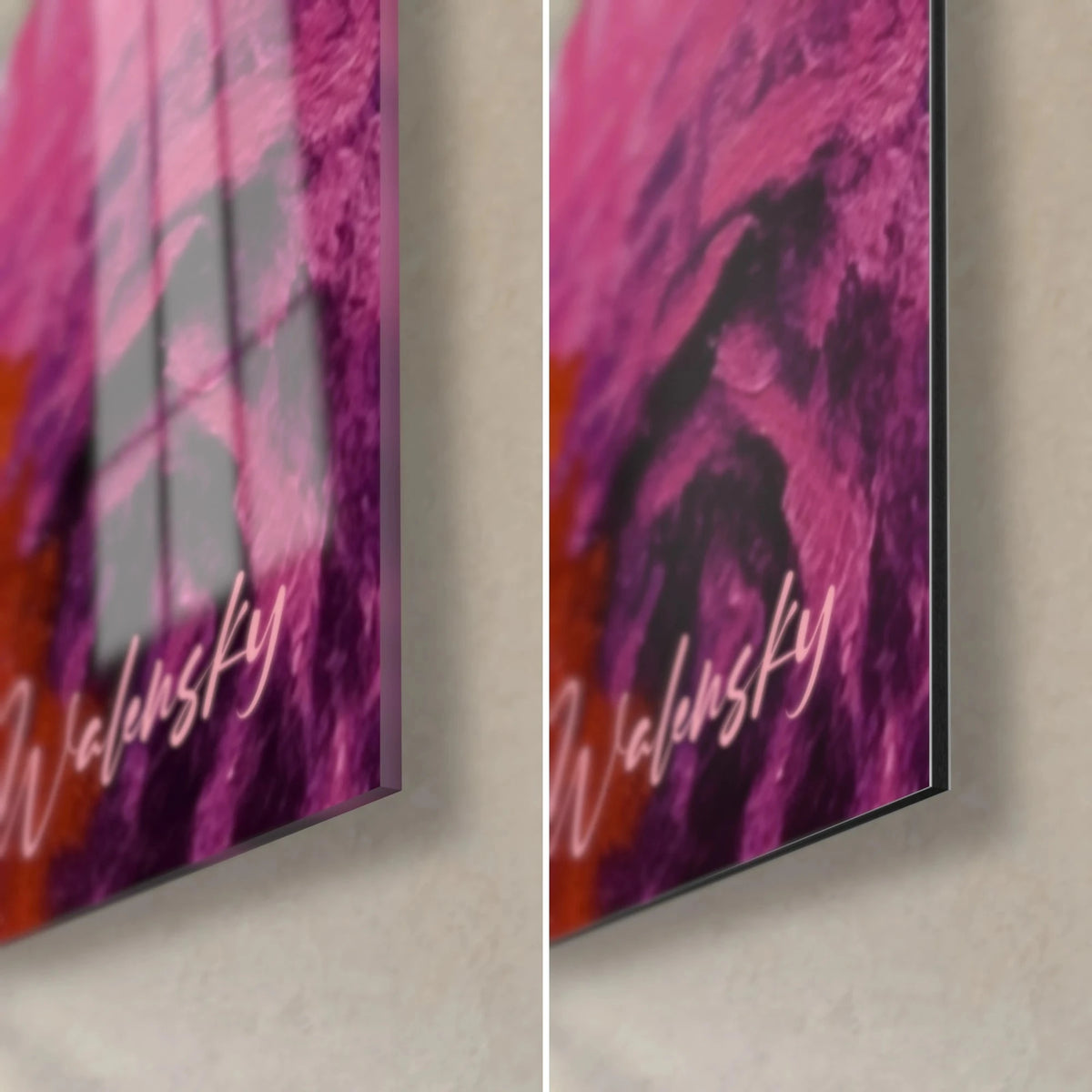 Wall art fuchsia and deep violet flowers on op art stripes, bottom right corner: glossy acrylic glass and matte Dibond aluminium, 3 mm edge