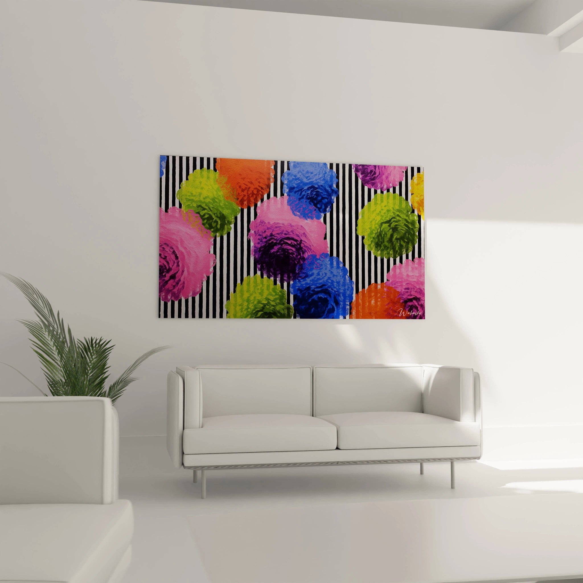 Walensky tableau op art fleurs multicolore sur fond rayures noires et blanches decoration murale pour salon moderne