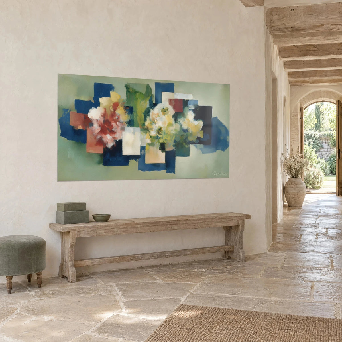 Πίνακας κυβιστική floral σύνθεση, ορθογώνια σκούρου μπλε και φασκομηλιάς, ανοιχτοκίτρινα λουλούδια, στο τέλος πέτρινου διαδρόμου