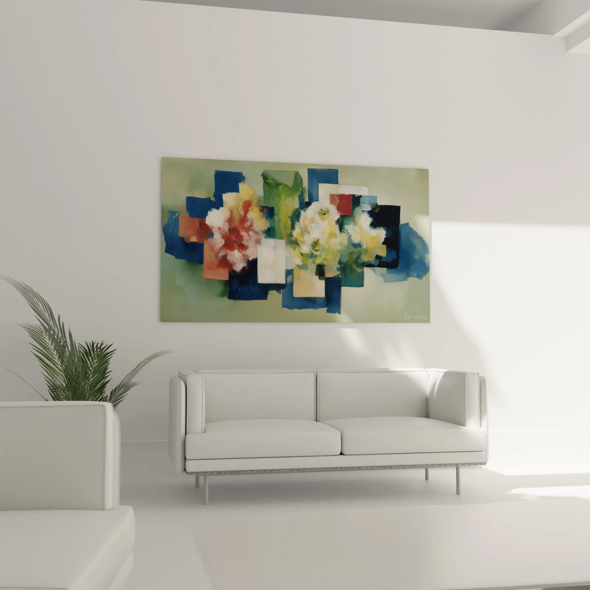 tableau mural fleurs dadaïsme Walensky peinture abstraite fleurs en blocs géométriques verts au dessus d'un canapé blanc