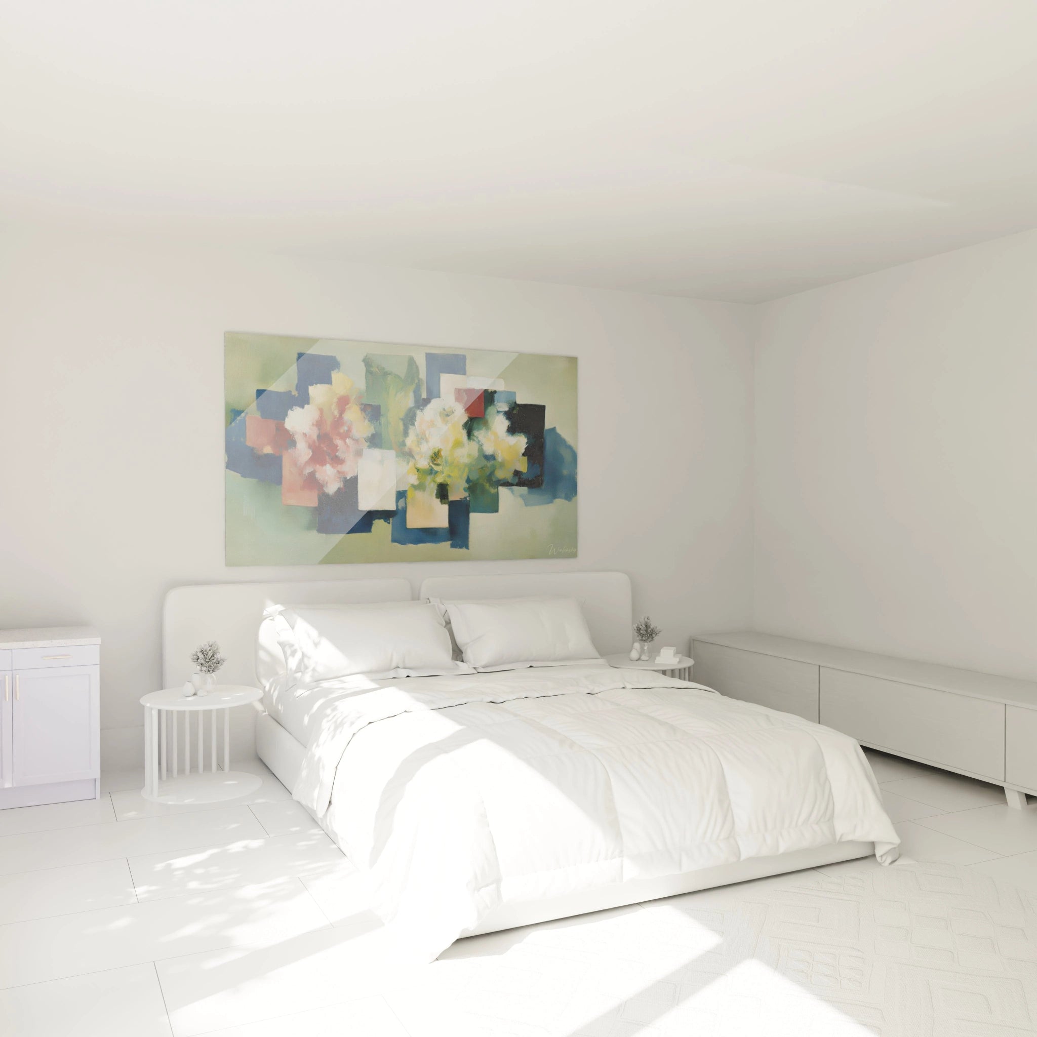tableau mural fleurs dadaïsme Walensky tons pastel accroché au dessus du lit dans chambre minimaliste