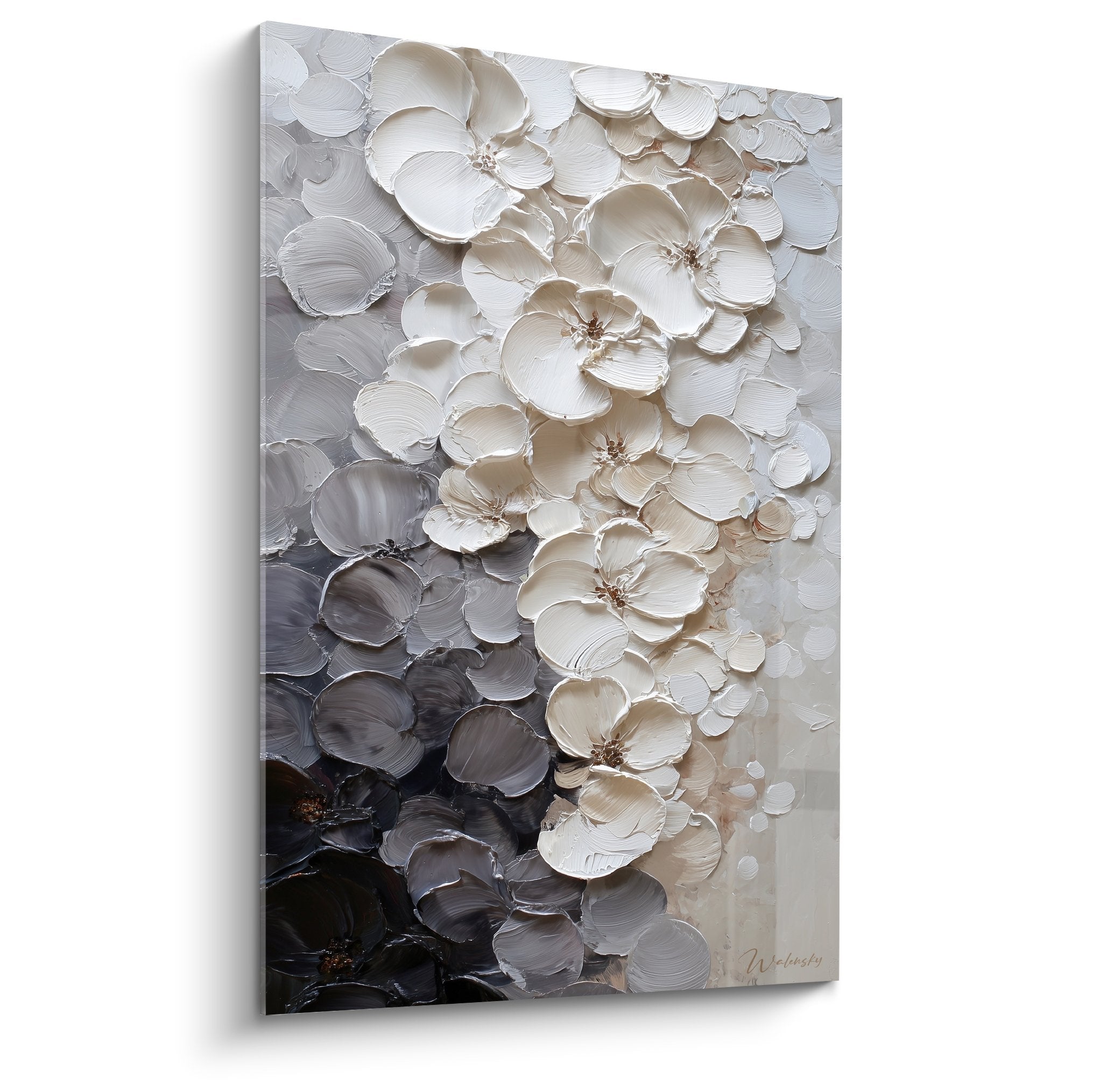 Tableau fleurs relief blanc beige cascade florale texture sculpture murale feng shui metal decoration zen