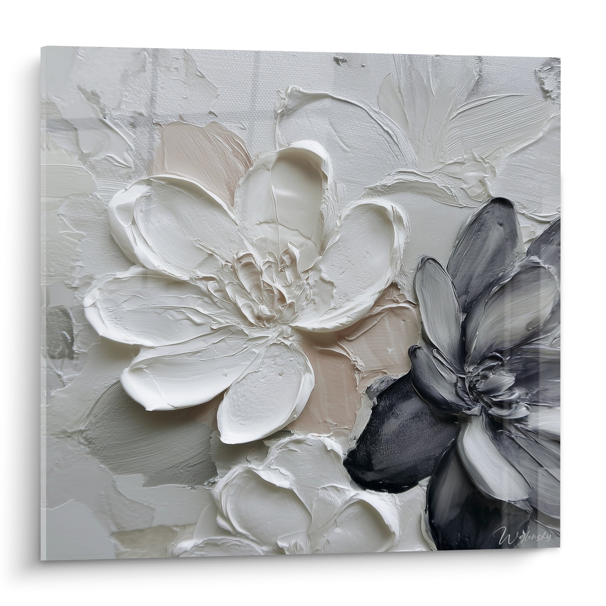 Tableau fleurs blanches grises relief texture empâtement feng shui nord-ouest métal sculpture murale