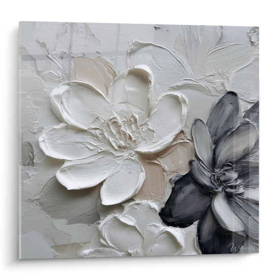 Tableau fleurs blanches grises relief texture empâtement feng shui nord-ouest métal sculpture murale