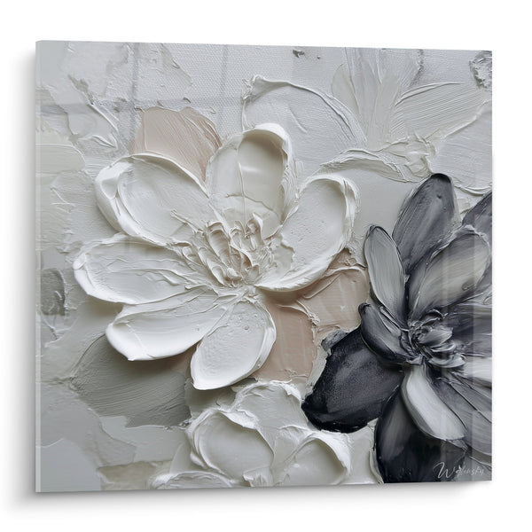 Tabel met witte en grijze bloemen in reliëf - Sculpturale elegantie - Edition Feng Shui Noordoost Metaal