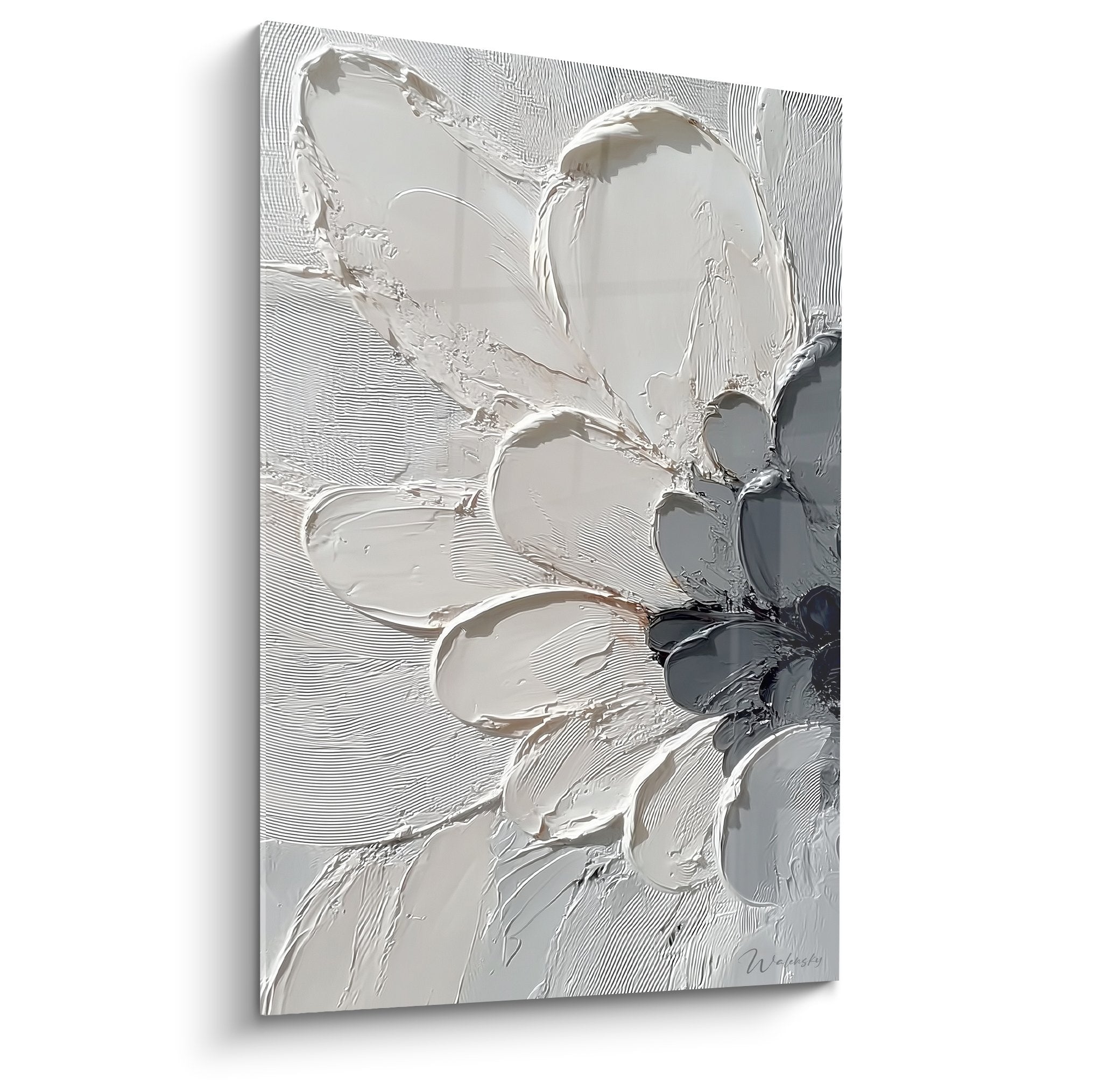 Tableau abstrait fleurs blanches grises relief texture feng shui nord ouest metal