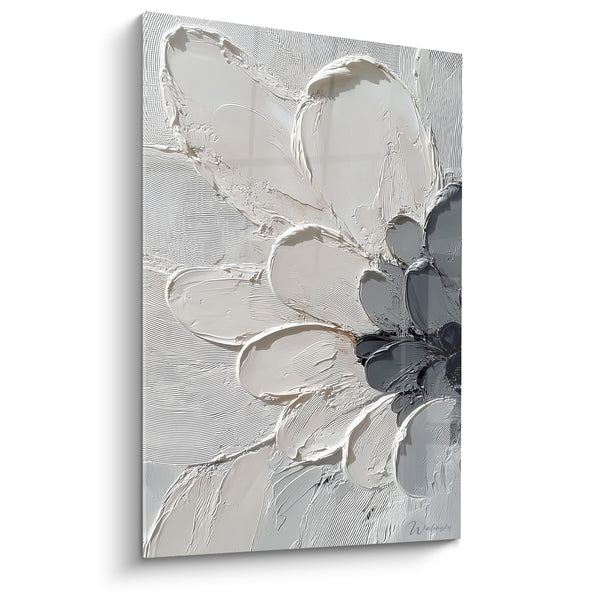 Abstract Schilderij Witte en Grijze Bloemen in Reliëf - Getextureerde Elegantie - Feng Shui Noord-West Metalen Editie