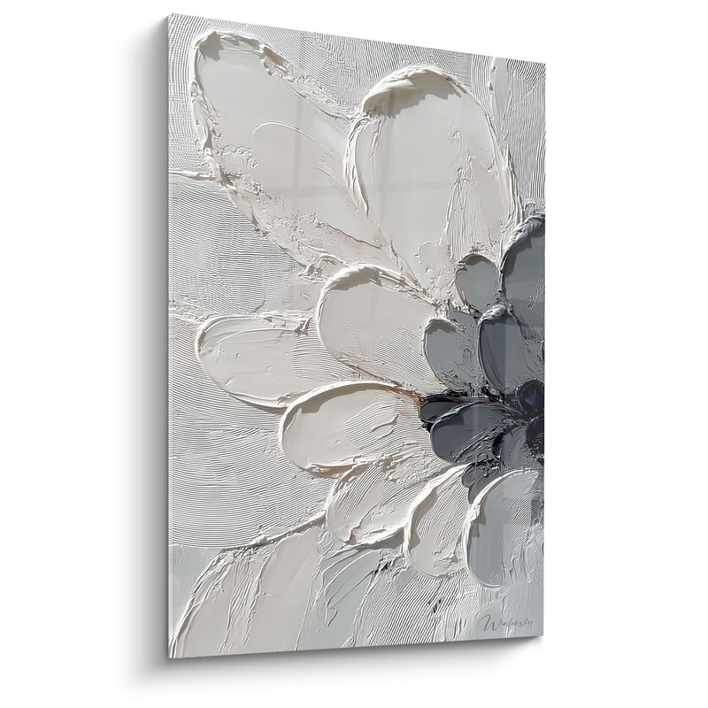Tableau Abstrait Fleurs Blanches et Grises en Relief - Élégance Texturée - Edition Feng shui Nord-Ouest Métal
