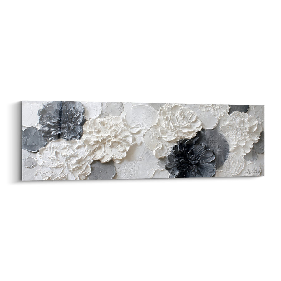 Tableau fleurs en relief blanc crème et gris anthracite - Élégance texturée - Edition Feng shui Nord-Ouest Métal
