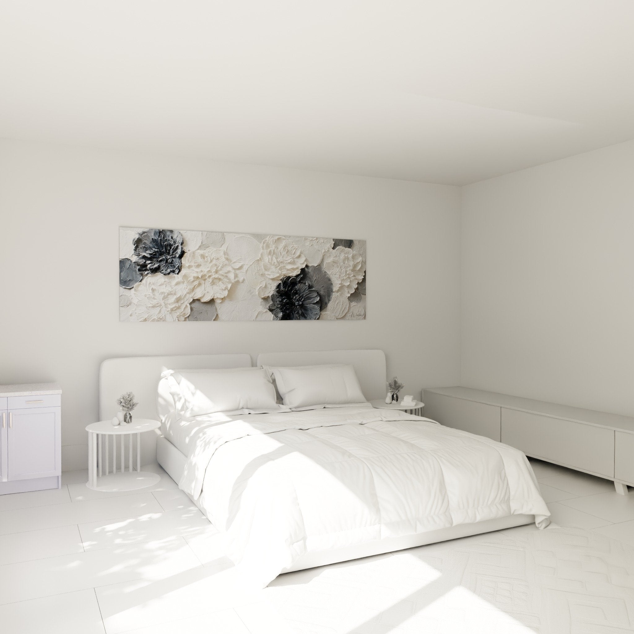 Tableau fleurs relief blanc gris chambre tete de lit decoration feng shui nord ouest metal ambiance zen