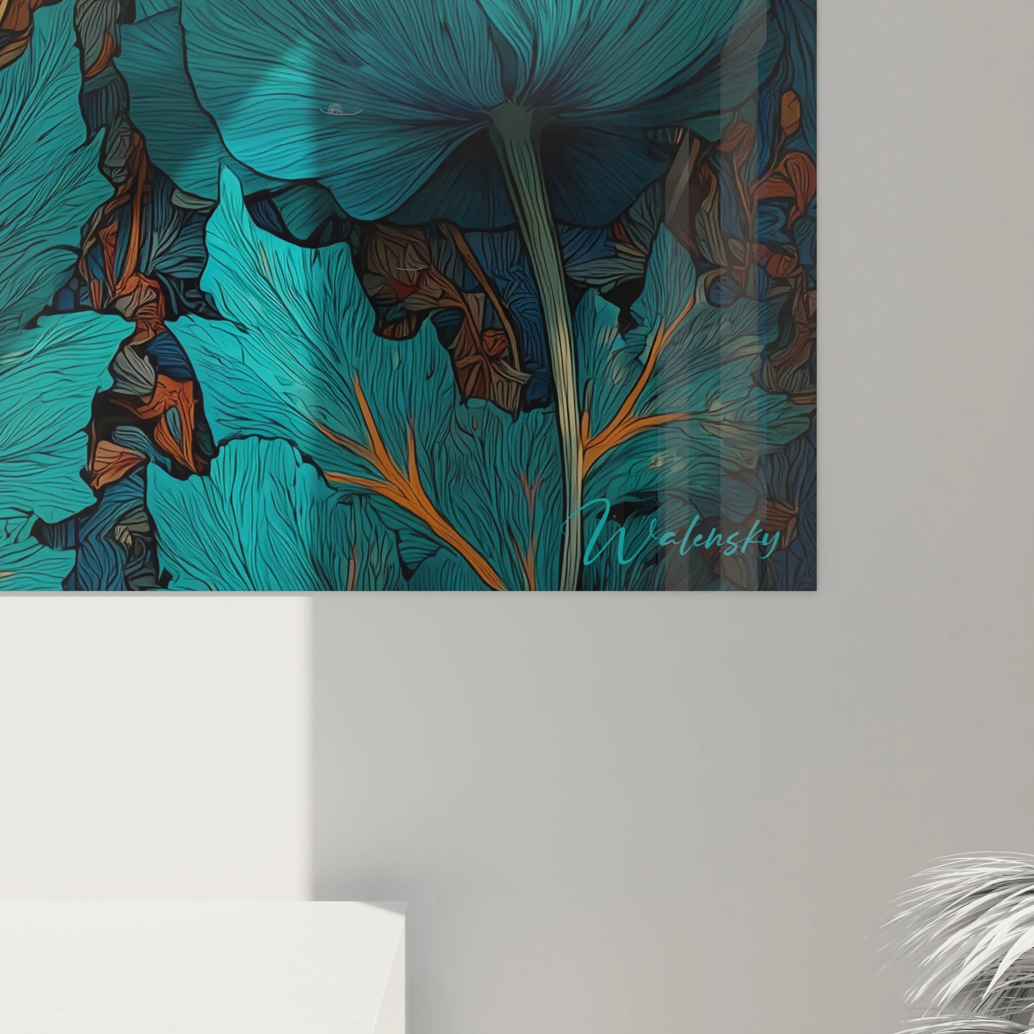 Walensky tableau mural montrant un tableau floral Art nouveau bleu turquoise avec feuilles détaillées et signature
