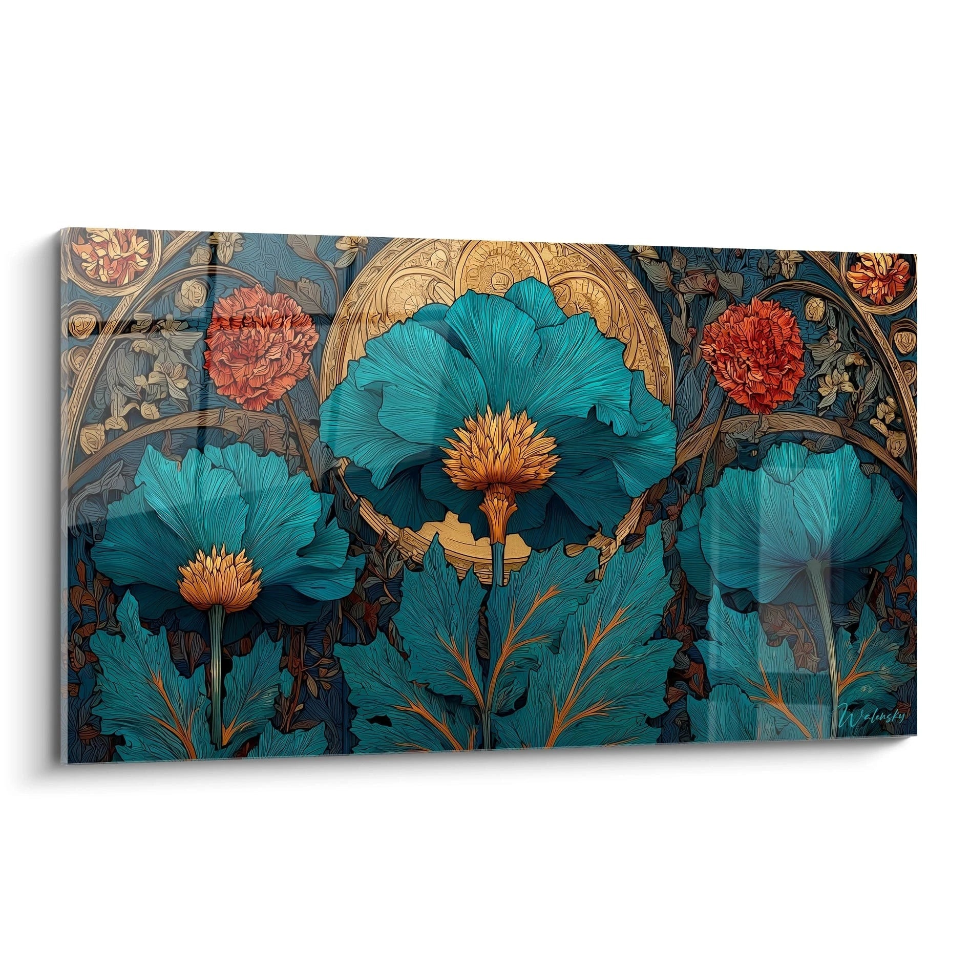 Walensky tableau floral Art nouveau panoramique en bleu turquoise et or fleurs stylisées pour salon