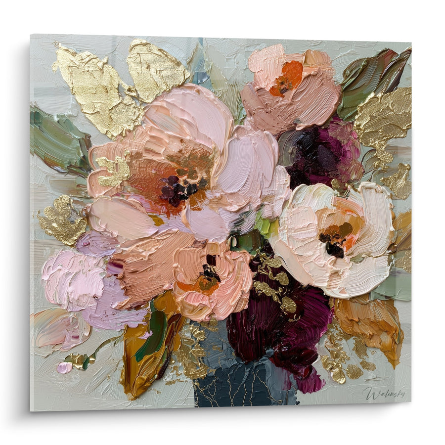 Tableau fleurs roses et bordeaux aux reflets dorés - Bouquet enchanteur - Edition Feng shui Sud-Ouest Terre