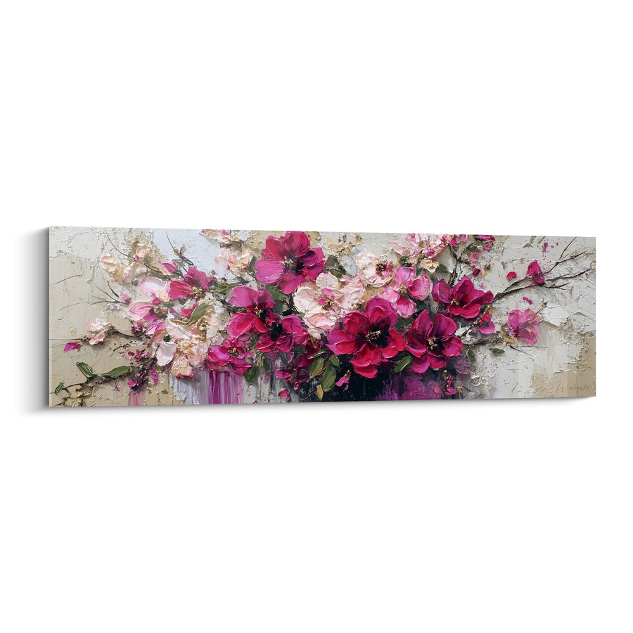 Tableau bouquet de fleurs roses et fuchsia sur fond texturé beige - Éclat floral - Edition Feng shui Sud-Est Bois