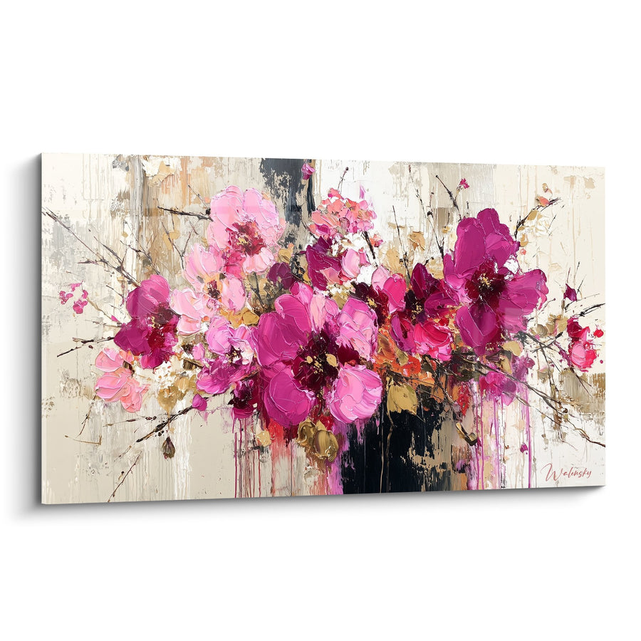 Tableau bouquet de fleurs roses et fuchsia dans un vase sombre sur fond beige - Éclat Printanier - Edition Feng shui Sud-Est Bois
