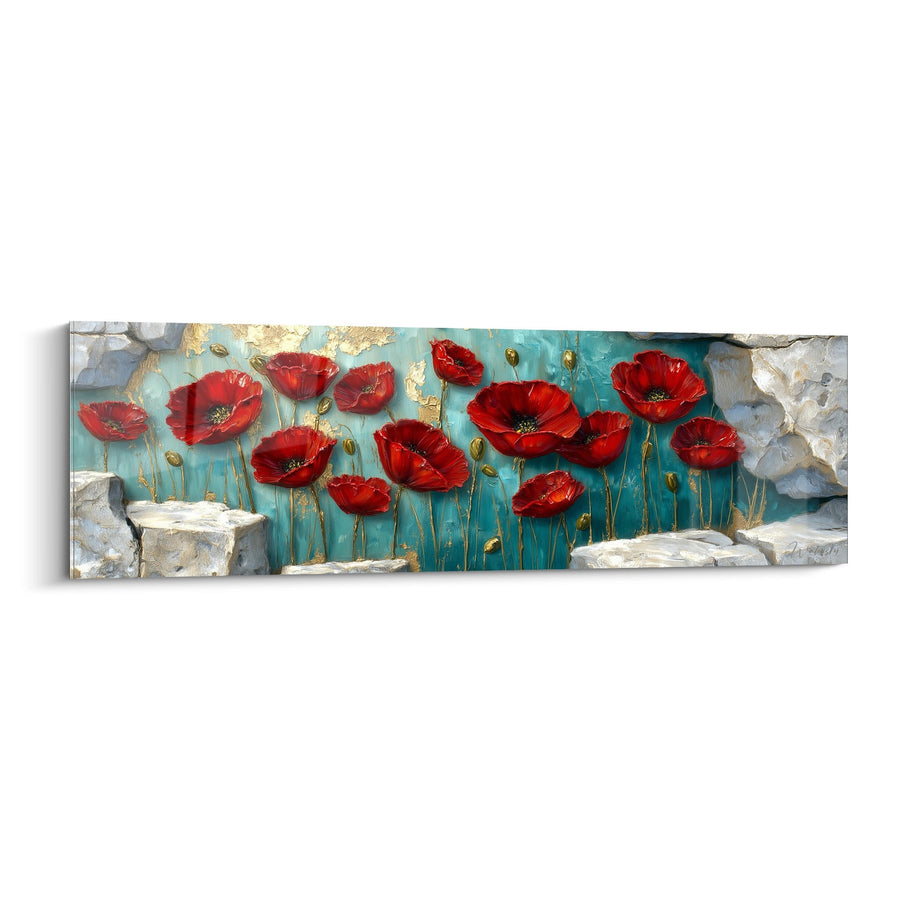Tableau Fleurs Rouges Épanouies sur Fond Turquoise avec Roches Blanches - Jardin Fleuri - Edition Coquelicot