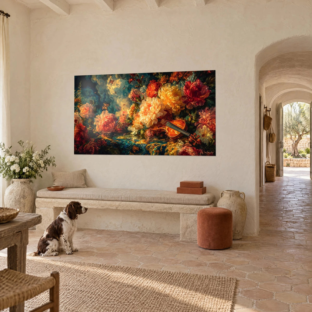Gemälde eines barocken Blumenstraußes mit einer bernsteinfarbenen Geige, orangefarbene und puderrosa Blüten, Wand eines provenzalischen Landhauses, davor sitzt ein Spaniel