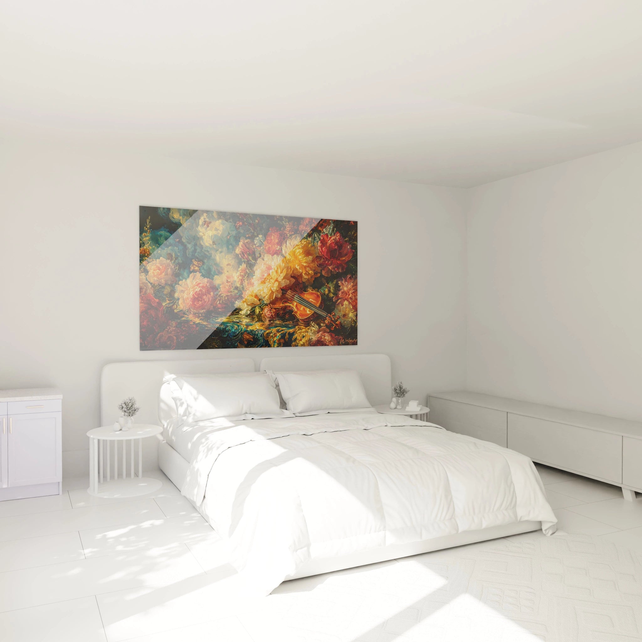 Walensky tableau fleurs baroque cramoisi toile murale florale riche en couleurs au dessus d un lit blanc moderne
