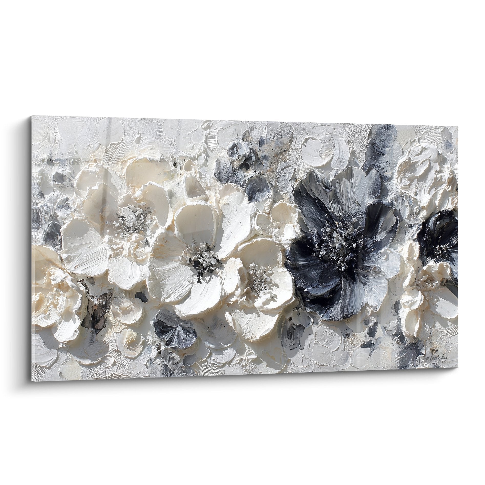 Tableau fleurs texturees beige gris anthracite peinture relief feng shui nord ouest metal