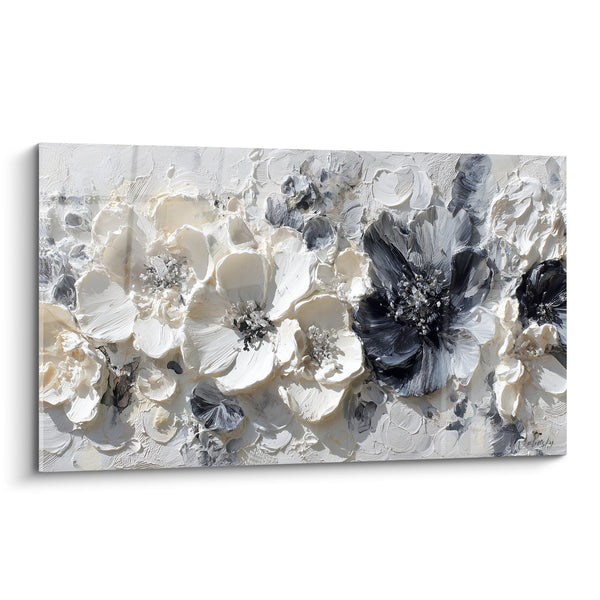 Bloemen schilderij getextureerd beige en anthracietgrijs - Metalen Harmonie - Feng Shui Noordoost Metaal Editie