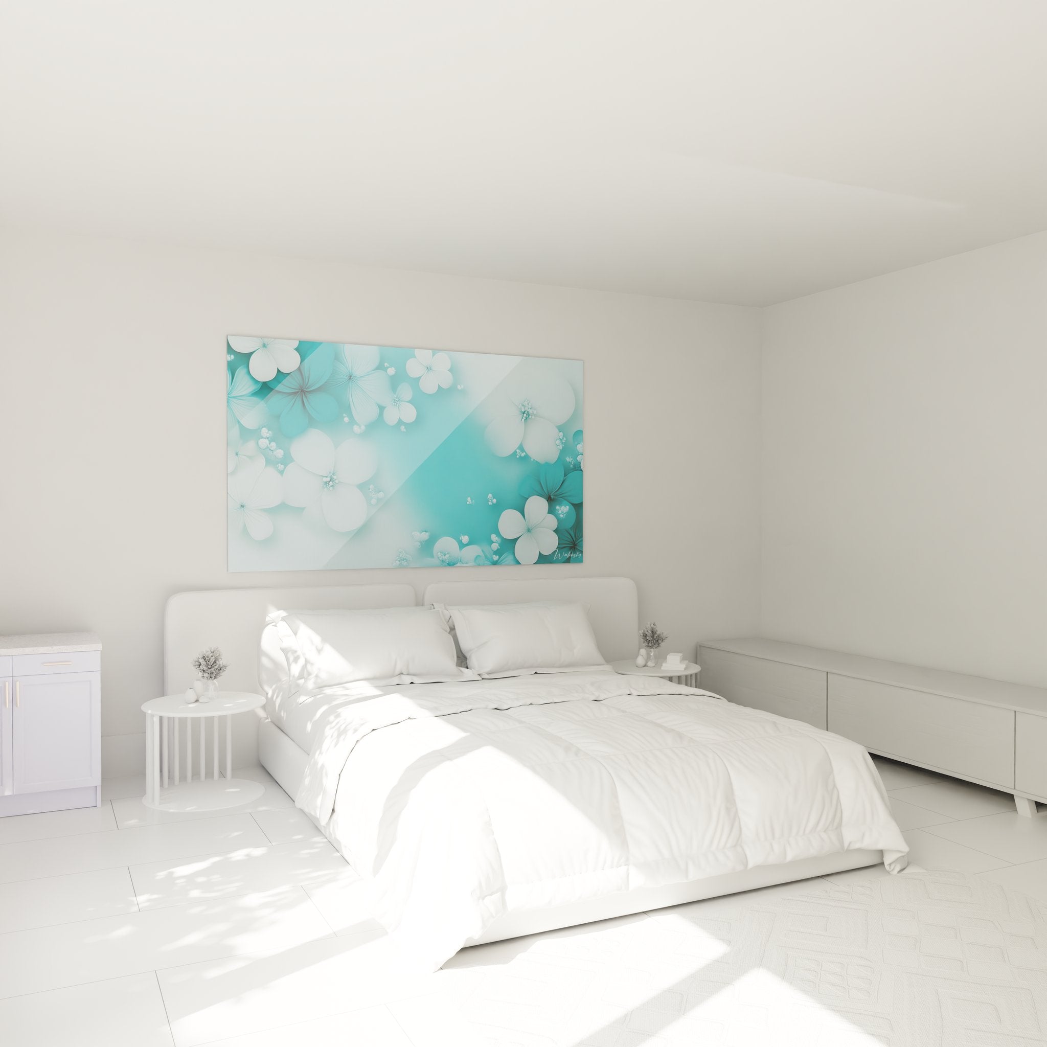 Tableau fleurs turquoise installé dans chambre moderne créant ambiance apaisante et décorative zen