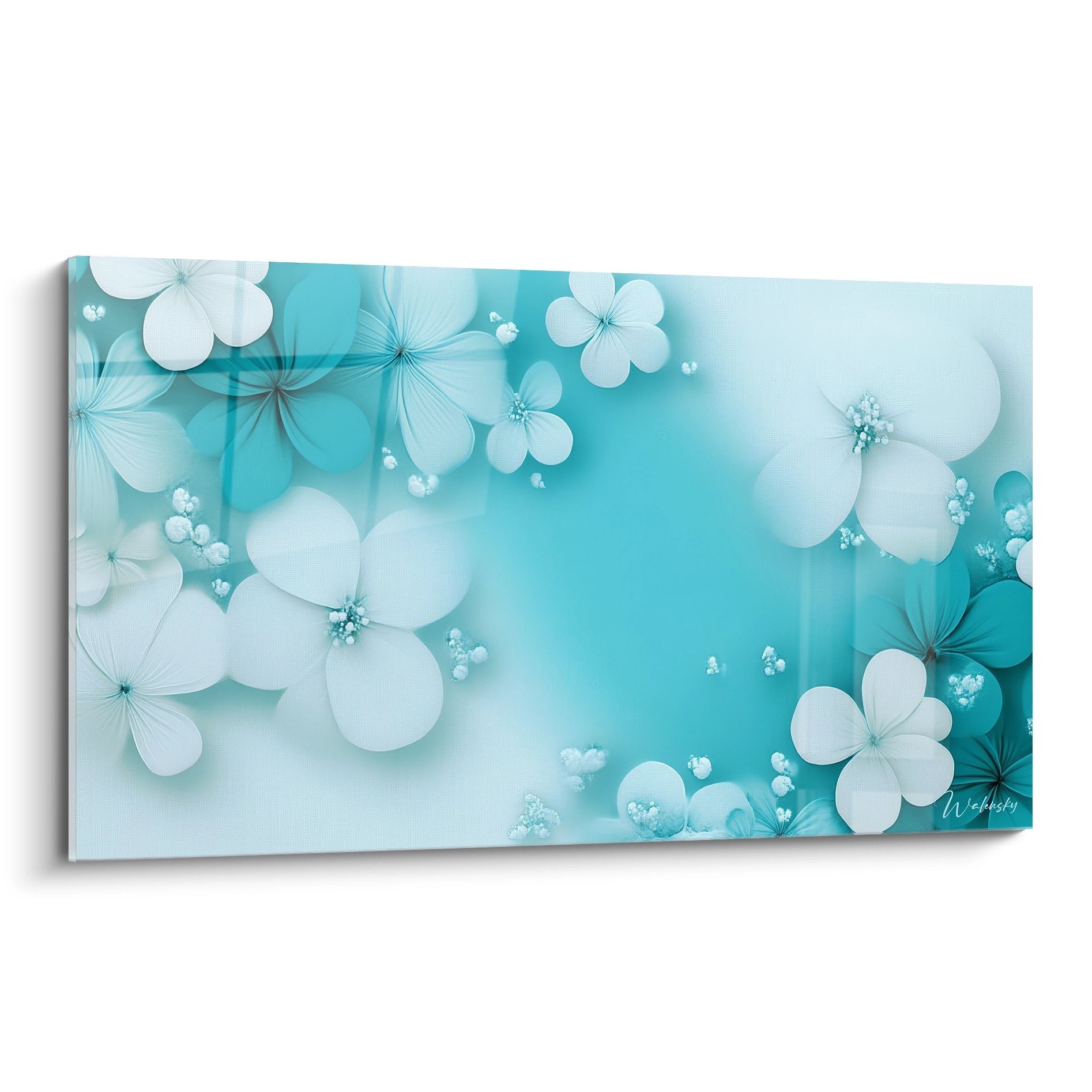 Tableau mural fleurs turquoise aux pétales translucides sur fond aquatique zen pour décoration moderne