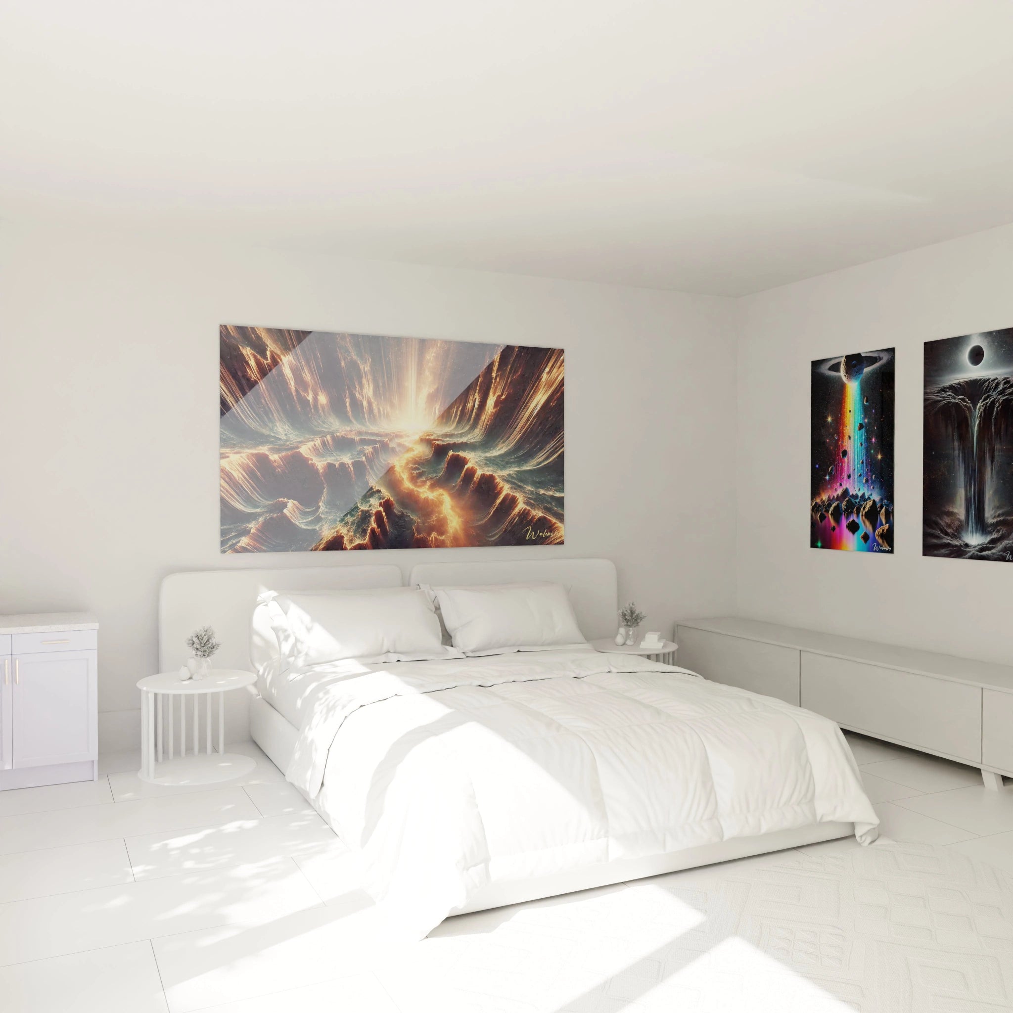 tableau espace accroché au mur dans une chambre. Les reflets dorés et bleutés illuminent l’ambiance paisible au-dessus du lit, invitant à rêver d’aventures cosmiques et d’infini.

