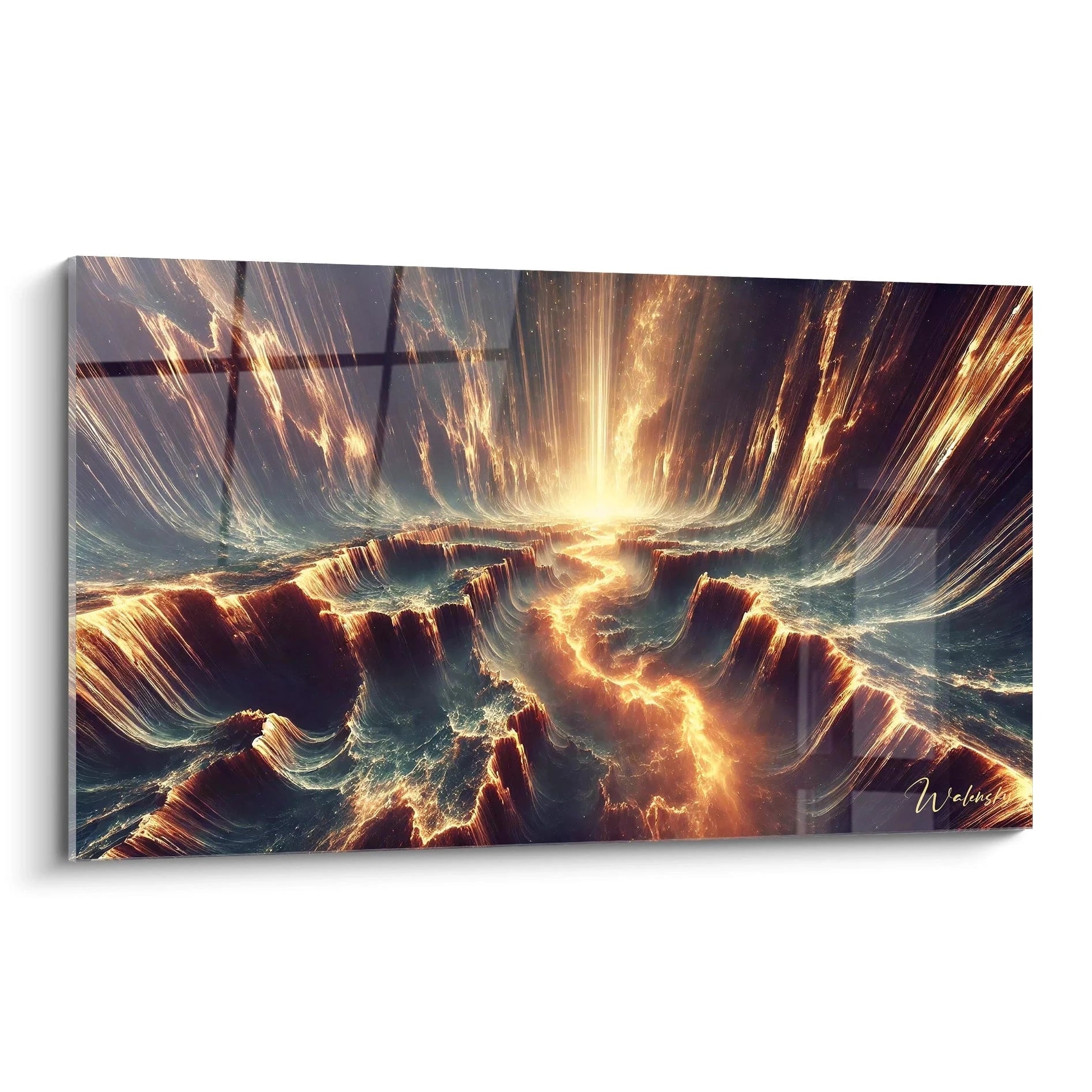 tableau espace vu de biais avec ses éclats dorés et bleus rappelant des cascades lumineuses dans l'obscurité profonde de l'univers. Chaque détail incarne la grandeur infinie du cosmos.

