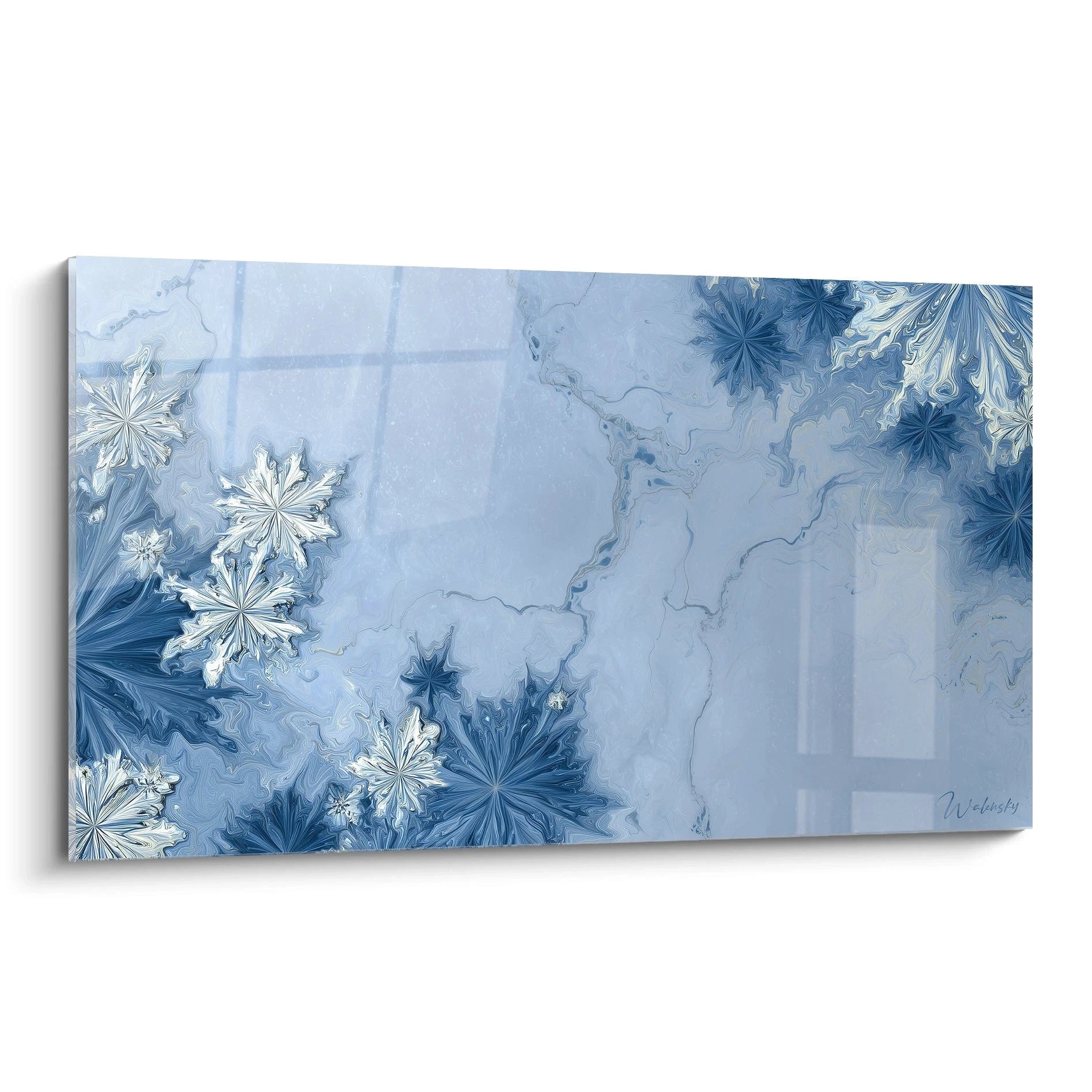 Tableau mural flocons de neige avec un design abstrait bleu et des motifs floraux élégants