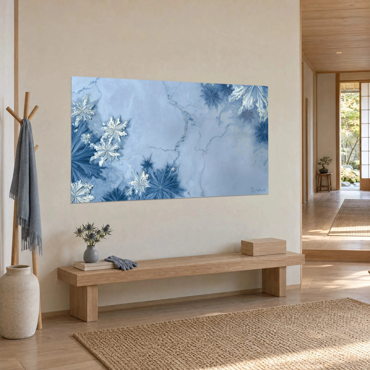 Wall art with ivory jagged frost crystals on a powdery blue background with fine cracks, three-quarter view in a Japandi hallway