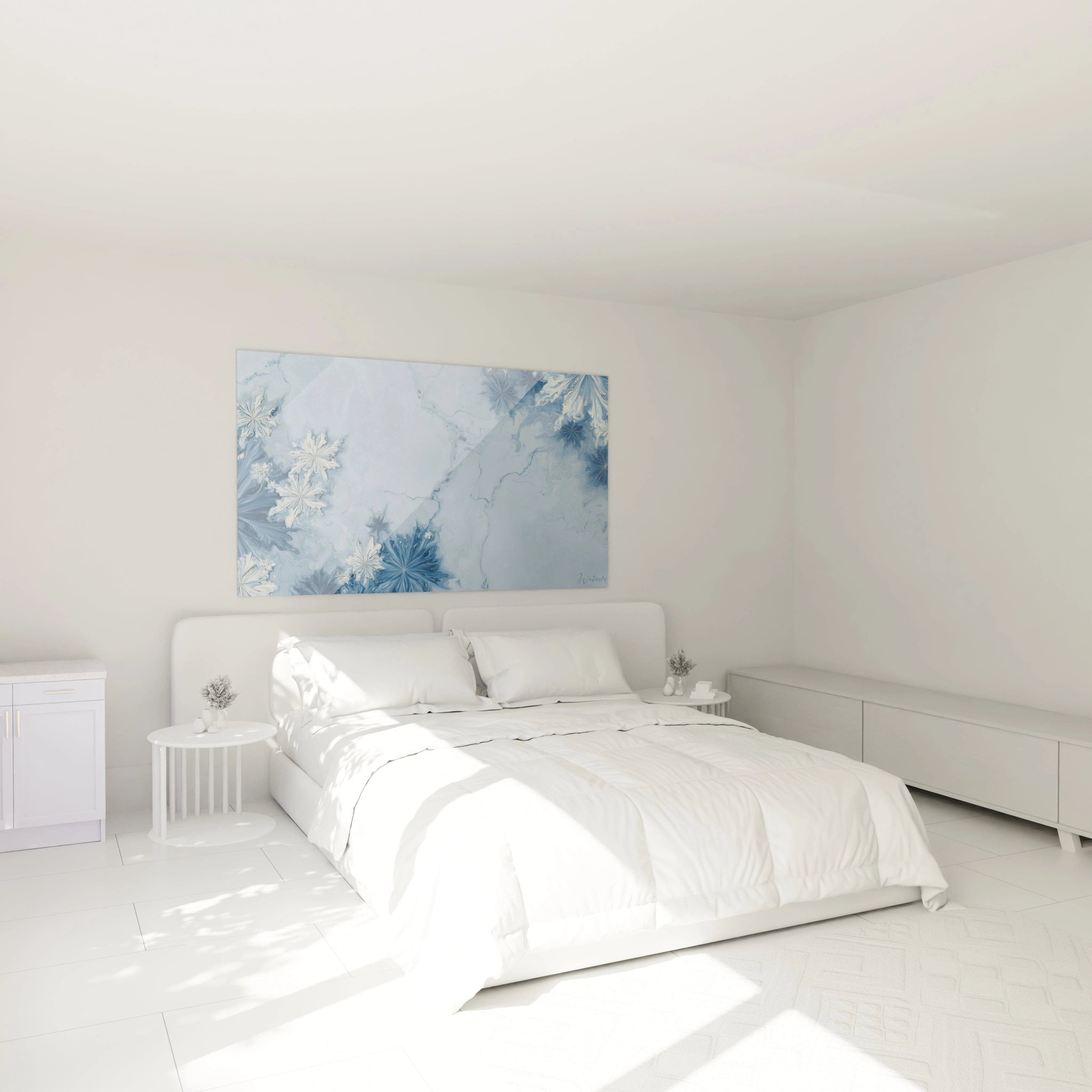Tableau mural flocons de neige dans une chambre moderne avec décor minimaliste en blanc