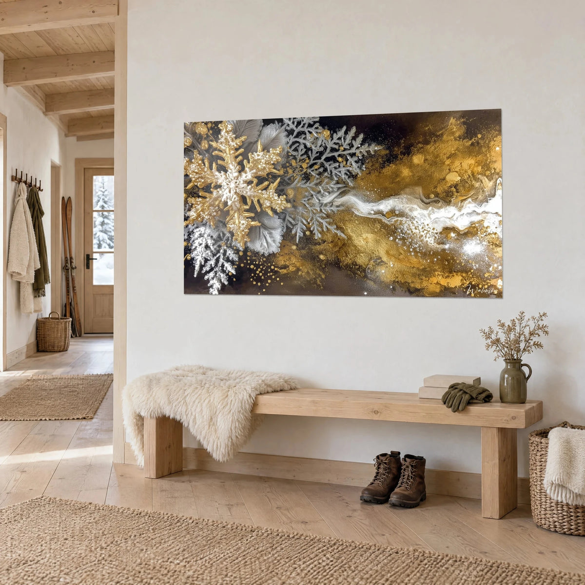 Wall art gold and silver ice crystals, textured gold layers, creamy white ribbon, hung at three-quarter view in a chalet
