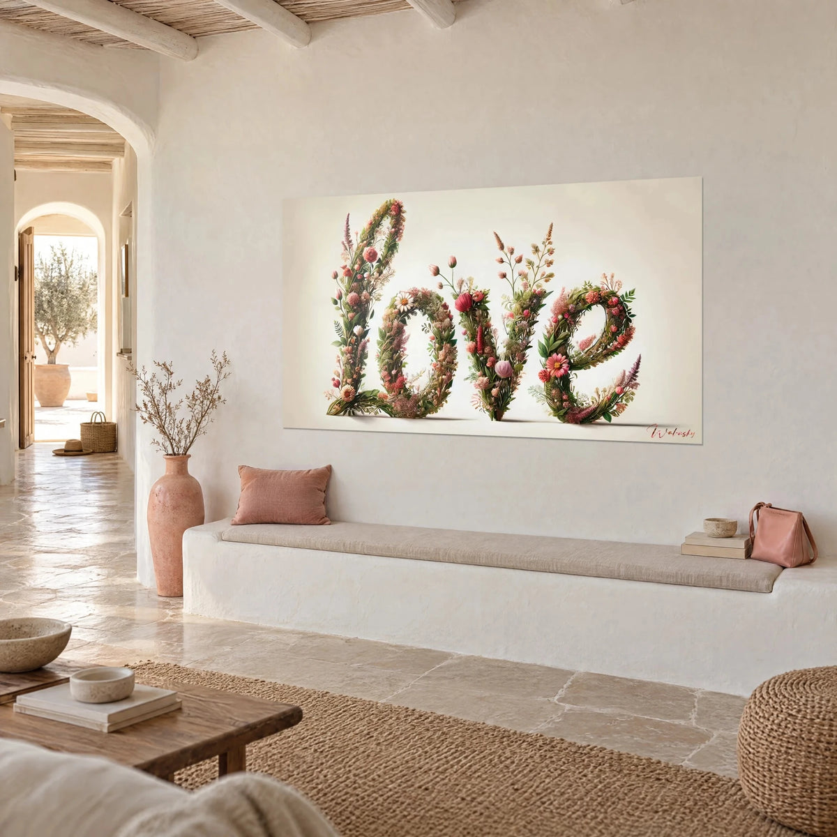 Gemälde mit dem Wort Love aus Blüten, weißen Margeriten und rosa Ähren auf cremefarbenem Hintergrund, aus Dreiviertelansicht neben einer Bank