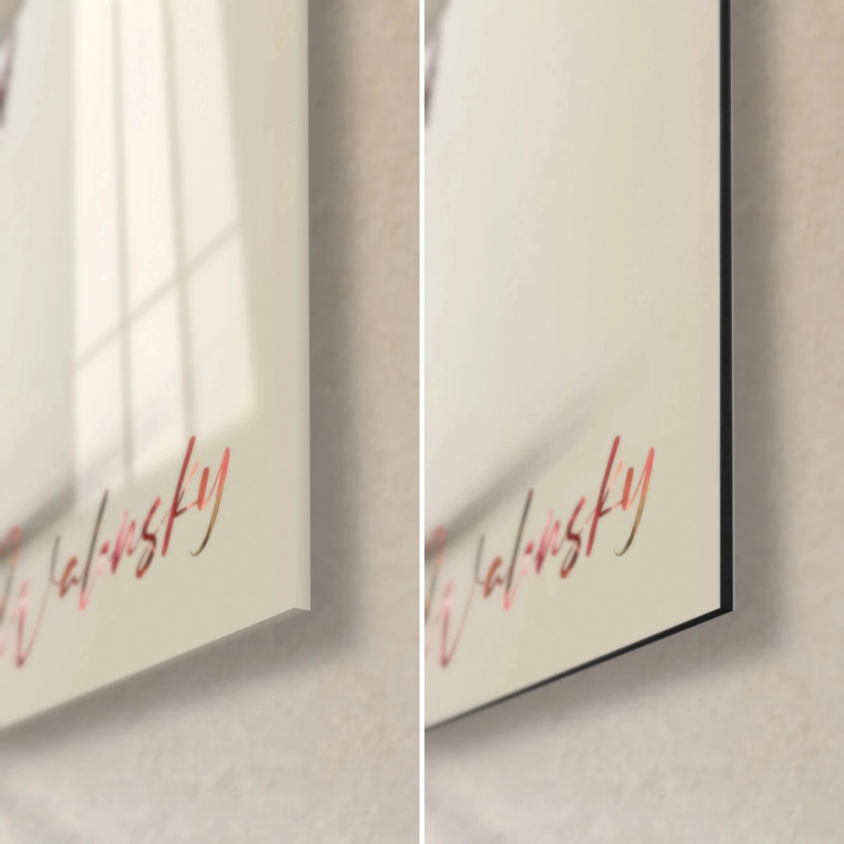 Gemälde mit floraler Typografie, untere rechte Ecke: glänzendes Glas mit Reflexen, mattes schwarzes Dibond, rote Walensky-Signatur