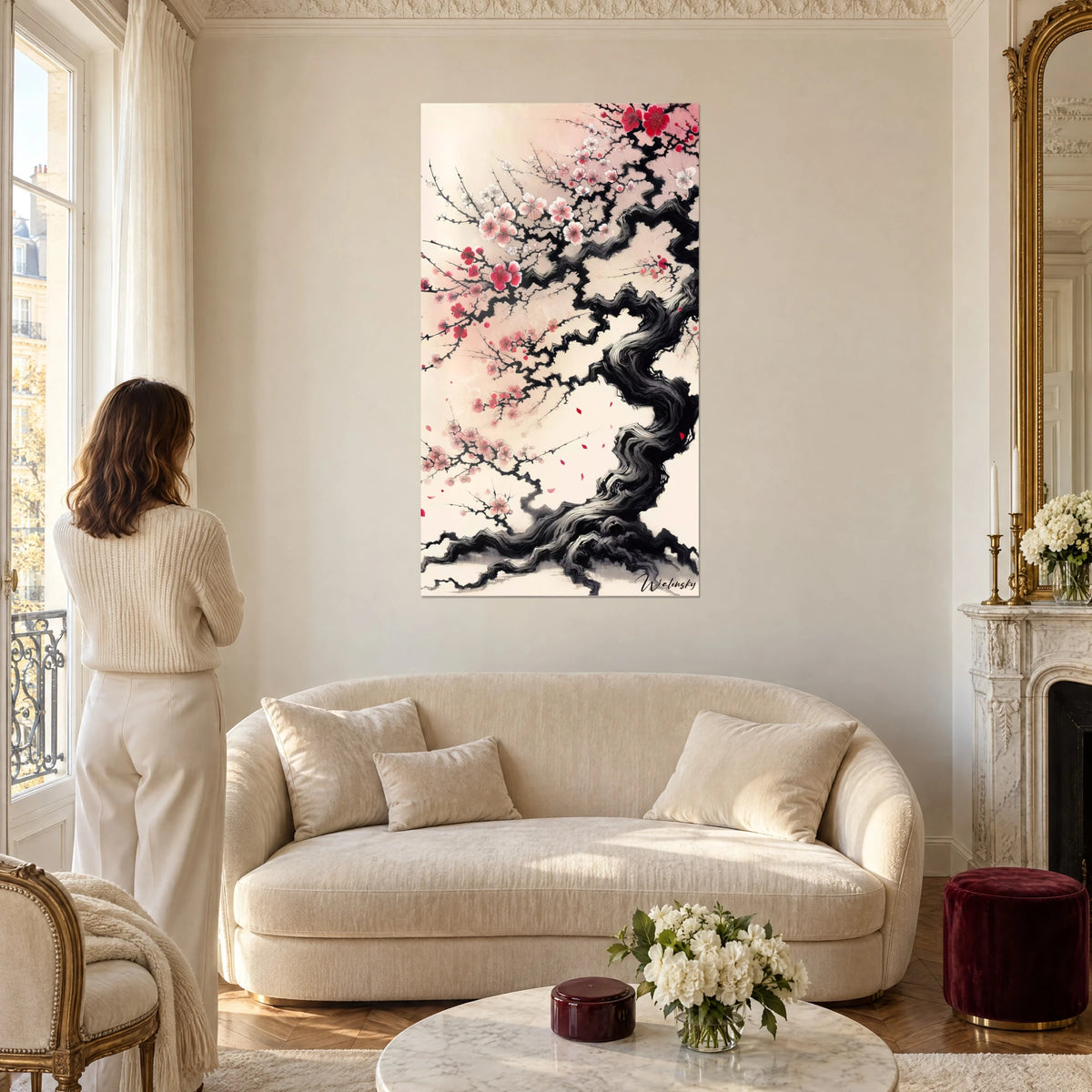 Tableau prunier en fleurs à l'encre, rose poudré et noir, une femme de dos admire, au-dessus d'un canapé dans un salon lumineux