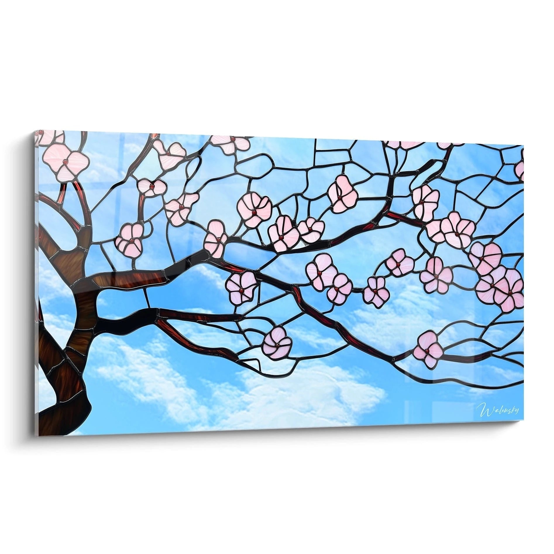 Un tableau cerisier en fleurs style vitrail présentant des branches sombres ornées de fleurs roses délicates sur un fond de ciel bleu lumineux, avec une texture segmentée caractéristique des vitraux traditionnels.
