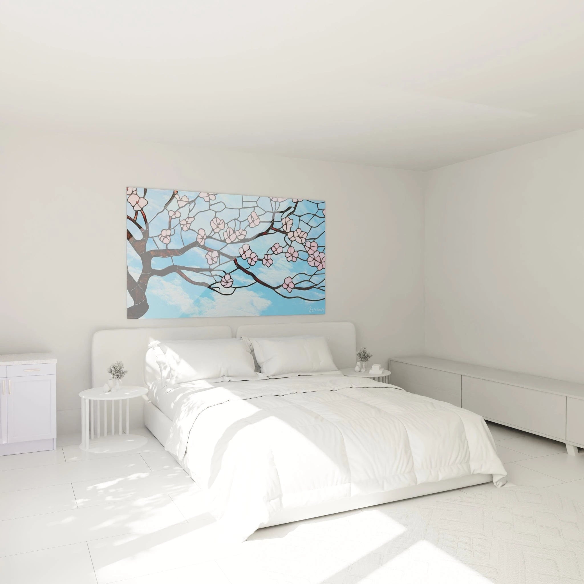 Un tableau artistique représentant un cerisier en floraison avec des branches marron foncé et des fleurs rose pâle, créé dans la technique du vitrail avec des sections délimitées par des lignes noires sur un fond bleu ciel texturé.
