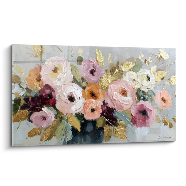Cuadro de ramo de flores en tonos rosa y oro sobre fondo gris - Delicadeza floral - Edición Feng Shui Suroeste Tierra