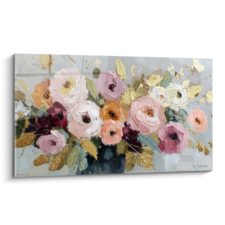 Tableau bouquet de fleurs aux tons rose et or sur fond gris - Douceur florale - Edition Feng shui Sud-Ouest Terre