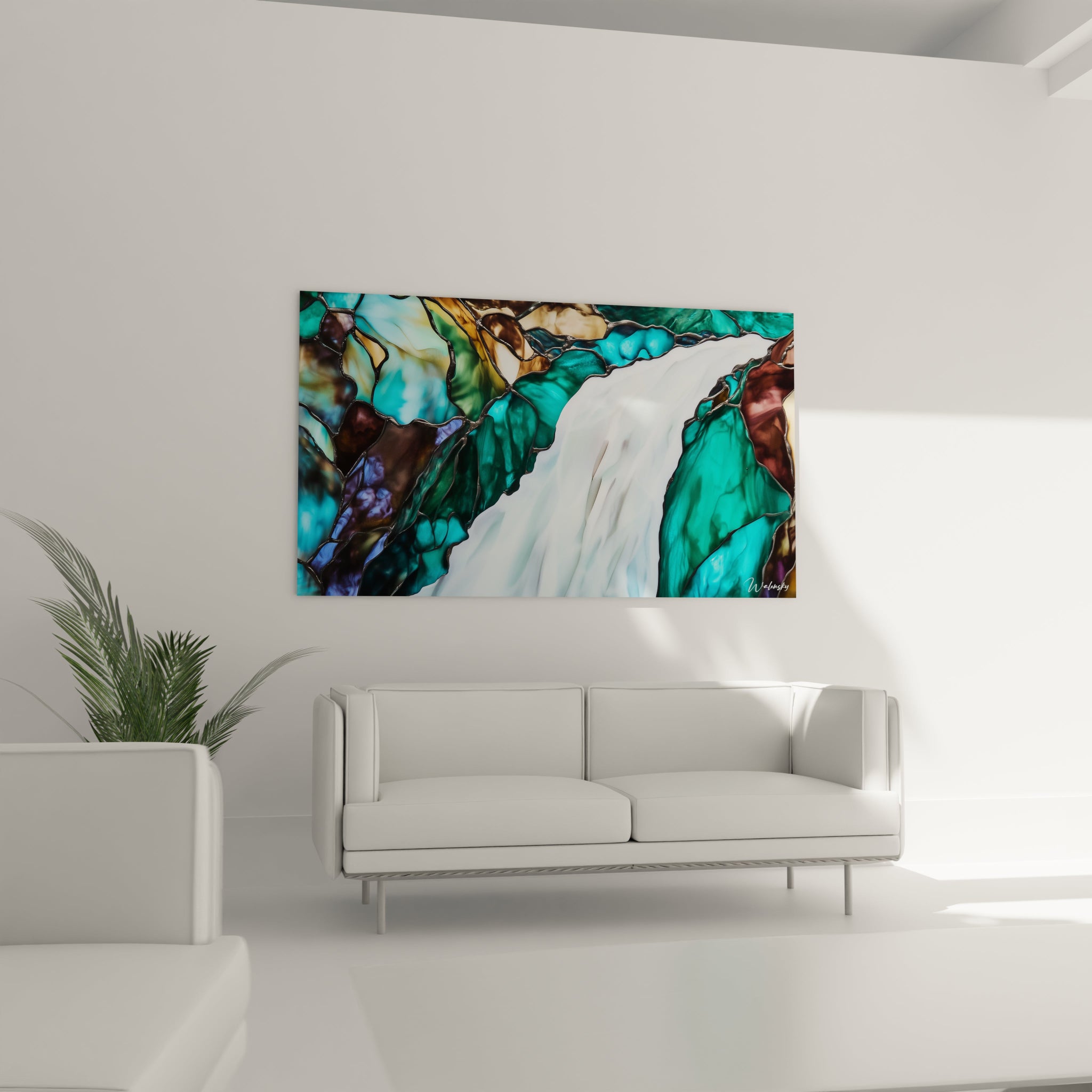 Un tableau cascade cristalline composé de segments vitrail aux teintes turquoise, blanc laiteux et touches ambrées, organisés en motifs organiques séparés par des jonctions métalliques, créant une impression de mouvement fluide et d'eau en pleine chute.
