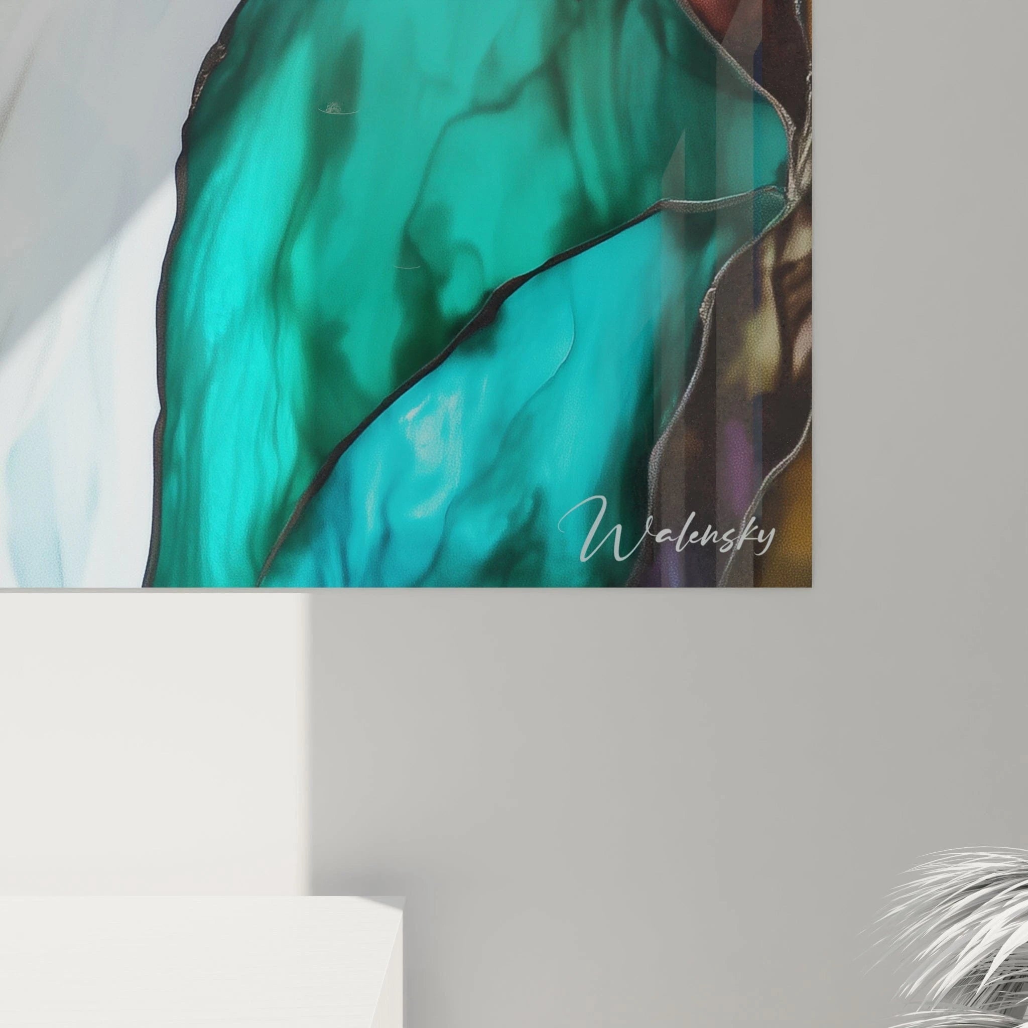 Un tableau vitrail translucide dominé par des tons turquoise et émeraude entourant un flot blanc central, avec textures marbrées et délimitations précises entre chaque zone colorée, capturant l'essence d'une eau vive traversant un paysage minéral.
