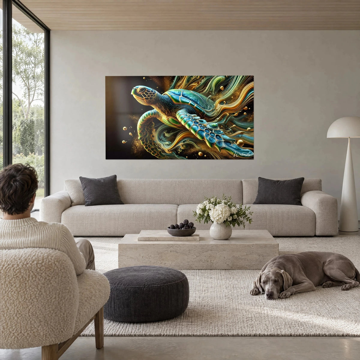 Cuadro tortuga marina en esmeralda y dorado deslizándose entre volutas líquidas, hombre de espaldas y perro, encima de un sofá en un salón luminoso