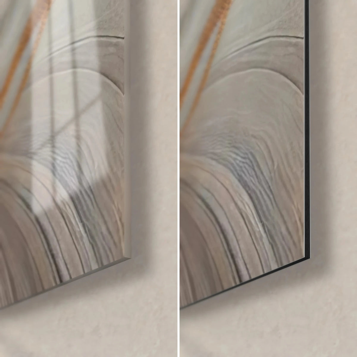 Wall art with pink and anthracite paint pours, bottom right corner: glossy glass on the left, matte Dibond on the right, 3 mm edge