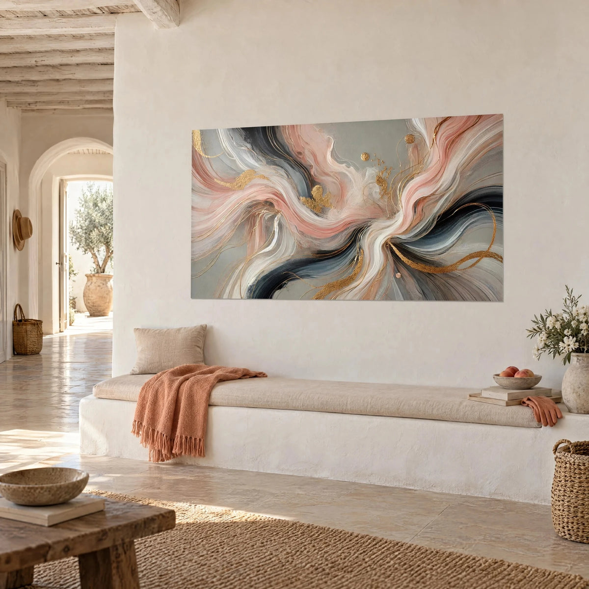 Wall art with pale pink silk waves and slate grey, gold highlights, hung on a whitewashed wall beside a vaulted alcove